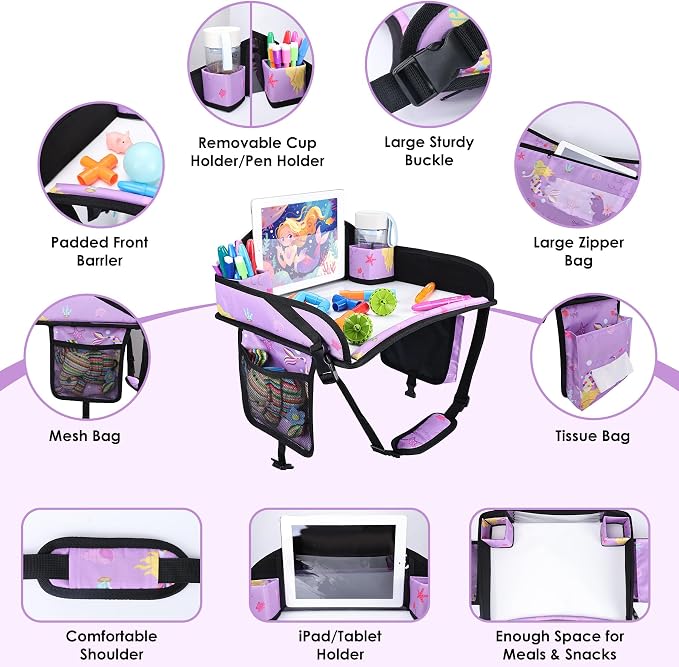 Kids Travel Tray for Toddler Car Seat, Road Trip Activities for Kid | Toddler Car Activities with iPad Holder Stand, Roadtrip Essentials with Dry Erase Board & Cooler Cup Holder,Purple Mermaid - Image 8