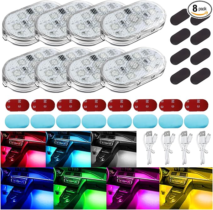 8PCS Wireless LED Lights for Car, 7 Colors Magnetic Auto Interior Light with Bright LED Lamp Beads, Portable Touch & USB Rechargeable Interior Lights, Easy Install for Car Decor (8PCS) by Unknown