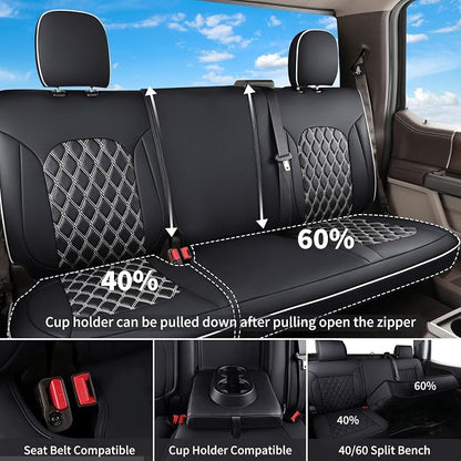 Huidasource Fit for GMC Sierra/Chevy Silverado Rear Seat Cover, Thickened Split Nappa Leather Truck Back Seat Cover 2007-2013&2019-2026 1500, 2020-2026 2500HD 3500HD Crew Cab WT LS LT, Black＆White - Image 3