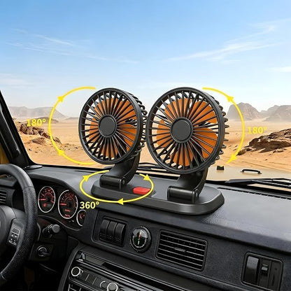 24V Dual Head Car Fan for SUV Truck RV, 2-Speed 360° Rotate | Cigarette Lighter Powered，Dual-head independent 360° rotation，2-speed turbo airflow，24V universal compatibility - Image 2