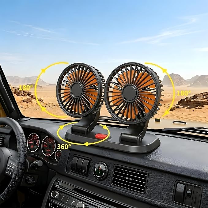 Dual Head 24V Heavy Duty Car Fan with Cigarette Lighter Plug, 2-Speed Portable Vehicle Cooling Fan, 360° Rotatable Dashboard Air Circulator for Semi Truck Tractor Bus RV, Powerful Airflow - Image 4