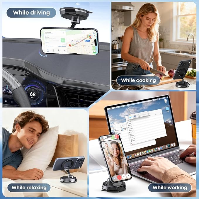 Strong Magnetic Phone Holder for Car & Desk, Compatible with MagSafe, Secure Lock, Universal 360° Rota-Table Car Phone Mount for Dashboard, Glass, Table, Carbon Fiber - Image 3