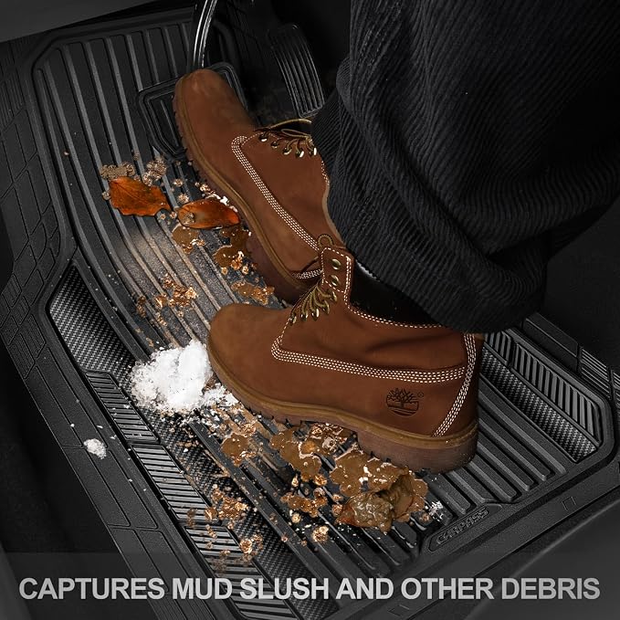CAR PASS Heavy Duty Rubber Car Mats Metallic,Aluminum Film All Weather Floor Mats Waterproof Universal Trim to Fit SUVs Sedans Vans 4 Piece Anodized Deep Dish Two-Tone Sporty Carbon Fiber Black Chrome - Image 7