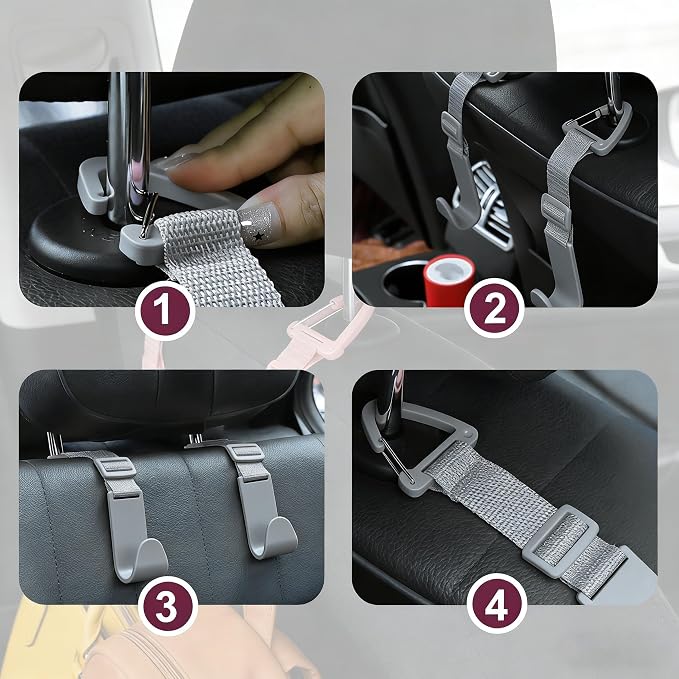 4-Pack Universal Car Headrest Hooks Anti-drop Seat Back Organizer for Bags | Adjustable Nylon Straps, Heavy-Duty Holds 40 lbs, Thickened ABS, Hanger for Handbag Backpack Groceries Water Bottle, Gray - Image 5