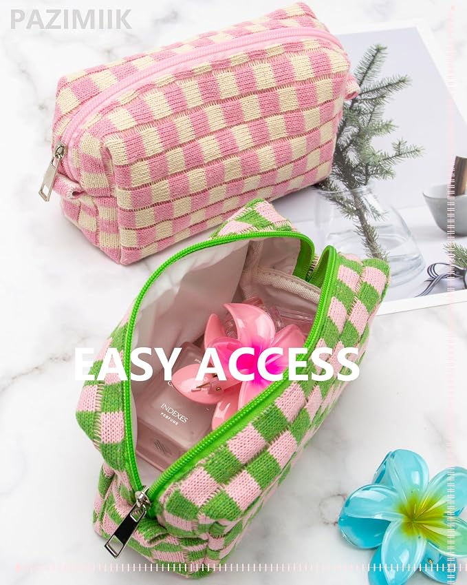Checkered Makeup Bag for Purse, Small Travel Cosmetic Pouch,Pink Green | Cute Zipper Makeup Organizer for Women, Travel Essentials, Toiletries, Makeup Brushes, Beauty Accessories&Bridesmaid Gifts - Image 7