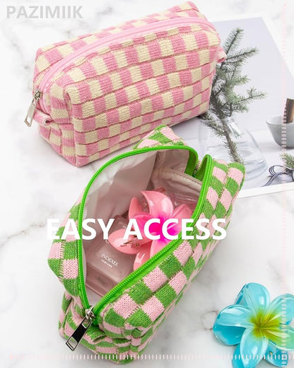 Checkered Makeup Bag for Purse, Small Travel Cosmetic Pouch,Pink Green | Cute Zipper Makeup Organizer for Women, Travel Essentials, Toiletries, Makeup Brushes, Beauty Accessories&Bridesmaid Gifts - Image 7