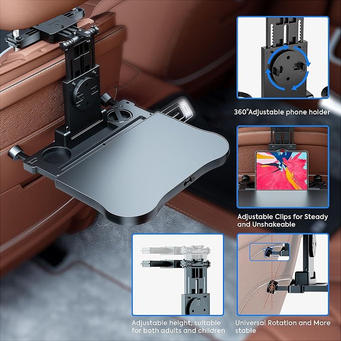 Car Seat Tray Foldable Back Seat Food Table for Kids, Rear Passenger Seat | Car Desk for Laptop with Cup Holder Phone Holder Non-Slip Mat, Working on the Road, Car Food Tray for Eating, Working, Travel - Image 5