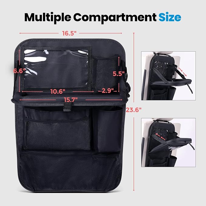 Tsumbay Backseat Car Organizer with Foldable Tray, 9 Pockets, Kick Mat Seat Protector, 18KG Capacity, Waterproof Oxford Fabric for Kids, Family Travel - for Car, SUV, Van (Oxford-2Pck) - Image 7