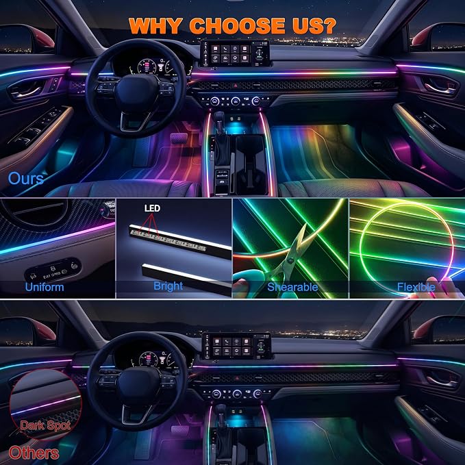 Jushope Interior Car LED Strip Lights, USB Car Ambient Lighting (6 in 1) | Dynamic Dream-color Chasing Wireless APP Control Music Sync Flexible Acrylic LED Lights for Car - Image 4