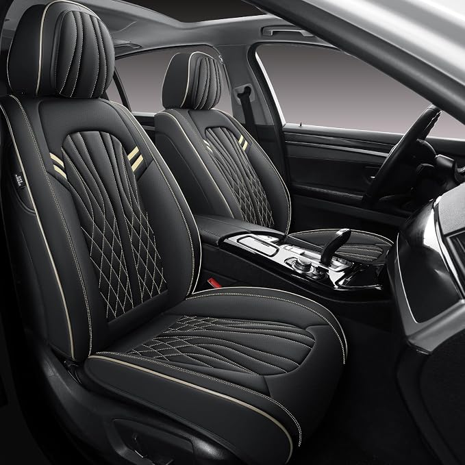 MINGBRON Seat Covers for Cars, Waterproof Seat Covers, Leather Car Seat Covers 2 Pack, Universal Seat Cushion Protector for Most Cars Black&Beige Line by MINGBRONCARSEATCOVER