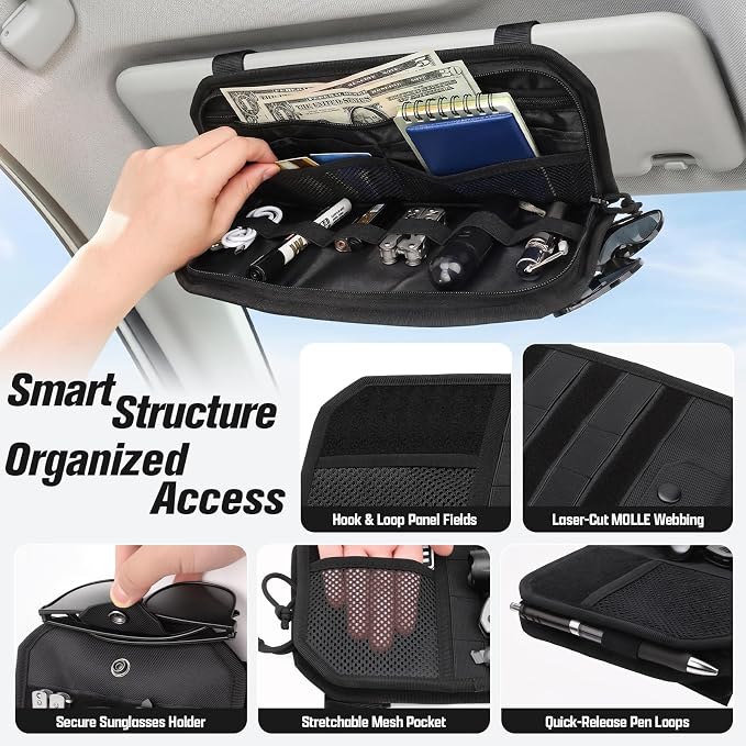 Heavy Duty MOLLE Sun Visor Organizer with Sunglasses Holder | Universal Tactical Organizer, MOLLE Panel, Mesh Pouch + Pen Slots + Zipper Pockets, 1000D Polyester, Esay Installation - Image 4