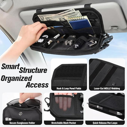 Heavy Duty Car Sun Visor Organizer with Sunglasses Holder | Universal Tactical Organizer, MOLLE Panel, Mesh Pouch + Pen Slots + Zipper Pockets, 1000D Polyester, Esay Installation - Image 5