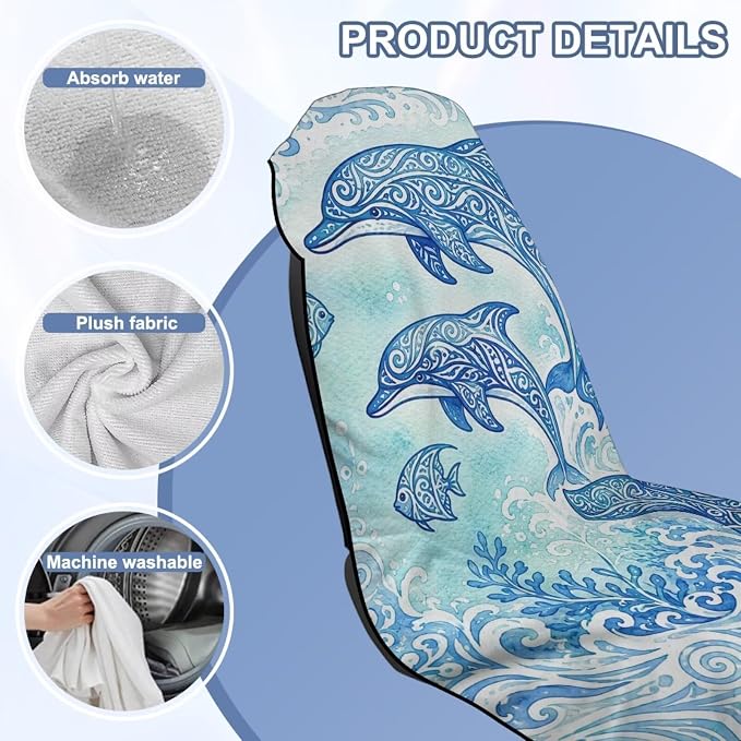 Dolphin Print Car Seat Towel Covers Front Seats Polynesian Style Automotive Seat Covers with Storage Bag Multi-Purpose Absorbent Microfiber Towels, Blue - Image 6