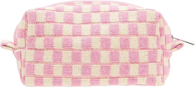 Checkered Makeup Bag for Purse, Small Travel Cosmetic Pouch,Pink Beige | Cute Zipper Makeup Organizer for Women, Travel Essentials, Toiletries, Makeup Brushes, Beauty Accessories&Bridesmaid Gifts by PAZIMIIK