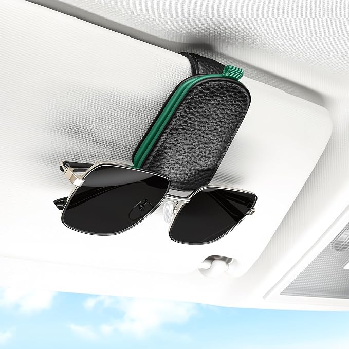 SINGARO Sunglasses Holder for Car, Leather Magnetic Buckle Sun Visor Sunglass Clip, Ticket Card Storage Glasses Clip, Car Interior Accessories for Men and Women（Black-Green） by SINGARO