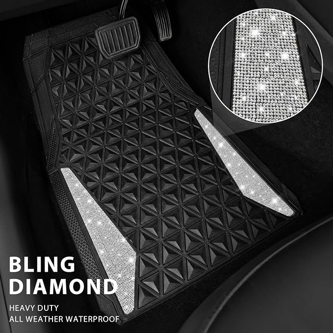 CAR PASS Bling Diamond Car Mats Rubber Floor Mats Full Set Anti-Slip 3D Rhombus Waterproof Trim to Fit Liner Universal Glitter Crystal Sparkly Shining Rhinestone Girl Women SUV Sedan, Silver Diamond - Image 2