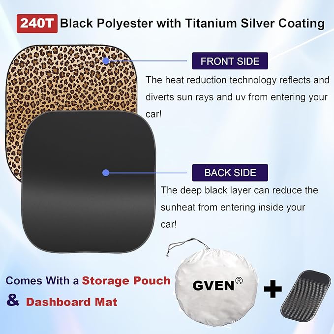 Gven Windshield Sun Shade 2pcs with Bonus Car Sunshade for Front Window Shades 2025 Technology Reflect UV and Heat Sun Visor Automotive Interior Sun Protection (Leopard, M) - Image 3