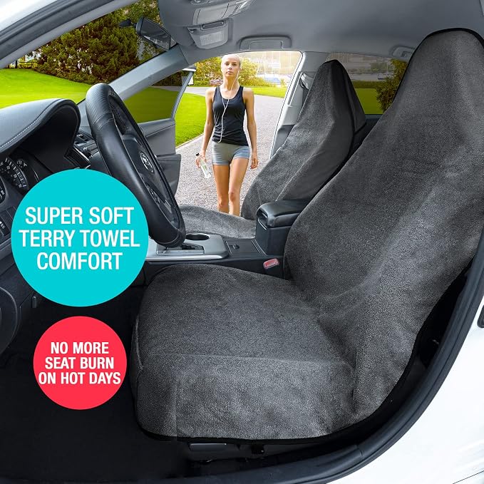Terry Cloth Sweat Towel Seat Cover; Carseat Towel Protector; Great for Gym Workout; Waterproof; Universal Fit for Car SUV Van Truck; EZ fit; Non Slip Grip; Machine Washable; 1pc Grey - Image 4