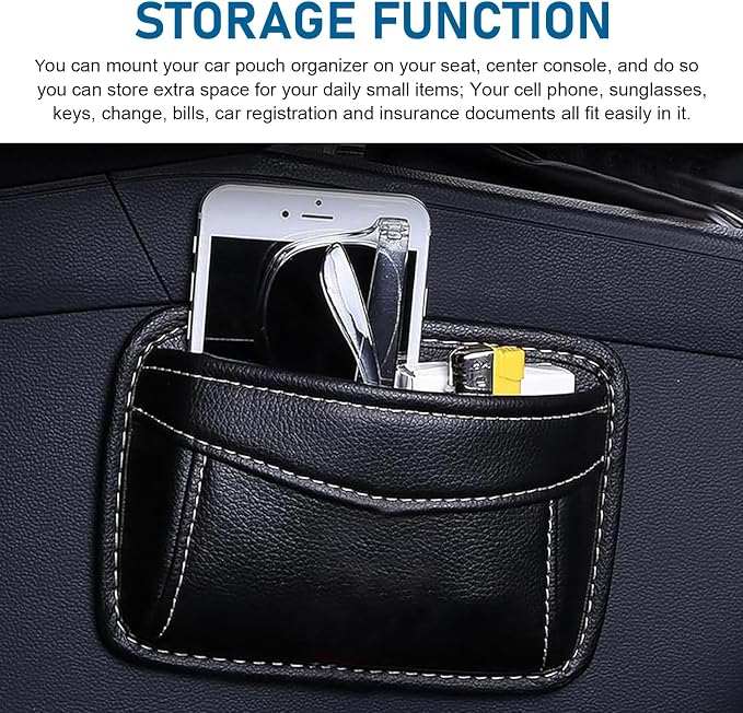 Car Seat Side Pocket Organizer, Premium PU Leather Auto Console Side Pocket, Universal Gap Bag & Pen Holder for Car, Mini Storage Pouch for Phone, Sunglass, Document and Automotive Tray(Black) - Image 7