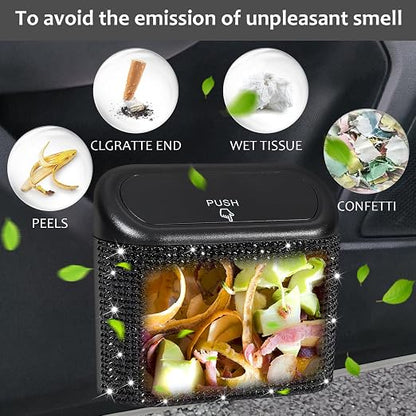Accmor 2 Pack Bling Car Trash Can with Lid, Small Garbage Can, Auto Garbage Storage Bin with 90pcs Garbage Bags, Sparkling Crystal Trash Bags Holder for Car, Home, Office Storage (Black Rhinestone) - Image 6