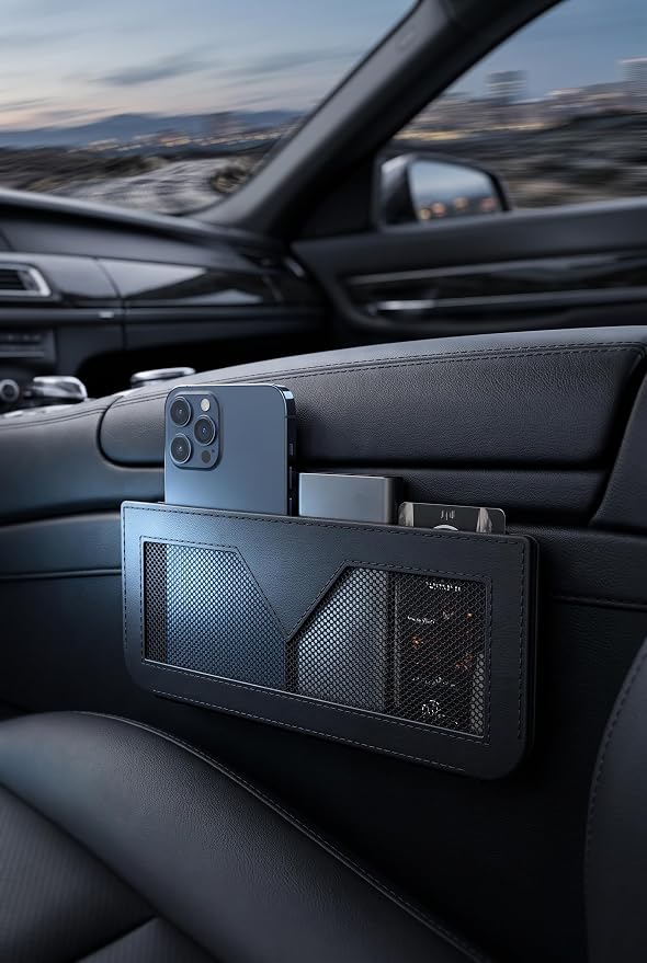 Car Storage Pocket, PU Leather Car Door Organizer for Console Seat Gap, Self Adhesive Small Car Pouch Organizer for Phone Keys Wallet Cards, Universal Vehicle Side Storage Bag (Black) - Image 4