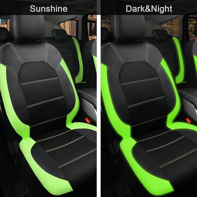 CAR PASS Luminous Green Leather seat Covers Universal Sport car seat Cover, 5mm Composite Sponge Inside, Airbag Compatible fits Most Cars, SUVs,Trucks,Vans (Full Set,Black with Green) - Image 4