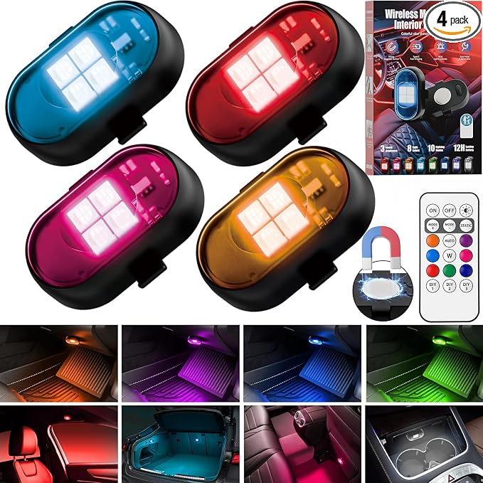 Wireless Magnetic Car Interior LED Lights, RGB Ambient Lighting with Remote | For Inside Car SUV Truck RV Night Decor, Strong Grip, Easy Detach, Rechargeable, Mini, 8H+ Runtime, 8 Colors & 10 Modes by SPOBODY