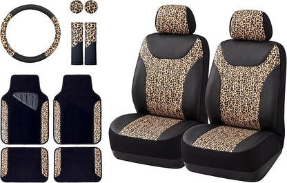 AUTOFAN Leopard Print Car Seat Covers Full Set, PU Leather Interior Accessories Combo with 2 Front Seat Covers, 4 Floor Mats, Steering Wheel Cover, Seat Belt Pads & Cup Holder Coasters by AUTOFAN