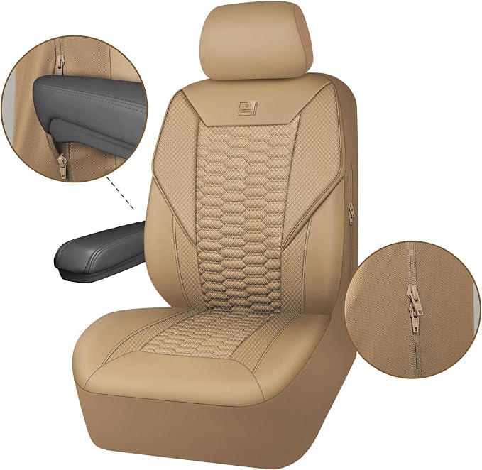CAR PASS 3D Foam Mesh Leather Car Seat Covers Full Set, Tan Breathable Mesh Faux Leather Seat Covers for Car, Universal Fit for SUV Truck Sedan Automotive, Armrest Airbag Compatible, All Beige - Image 8