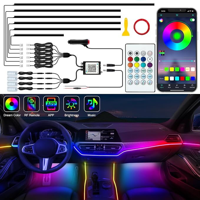 Jushope Interior Car LED Strip Lights, Acrylic LED Lights for Car with Dynamic Dreamcolor Chasing, Ambient Lighting Kits Music Sync Wireless APP and RF Remote Control (10 in 1) by Jushope