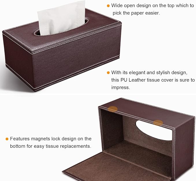 Tissue Box Cover Rectangle, PU Leather Tissue Box Holder Rectangular, Kleenex Box Covers for Home/Office/Car Decoration 9.84"X5.23"X3.77" - Brown - Image 4
