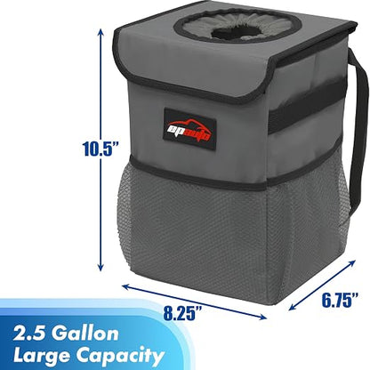 EPAuto Waterproof Car Trash Can with Lid and Pockets, 2.5 Gal, Dark Gray | Leakproof, Collapsible Multipurpose Car Bin with 3 Side Storage Pockets, Adjustable Straps - Image 2