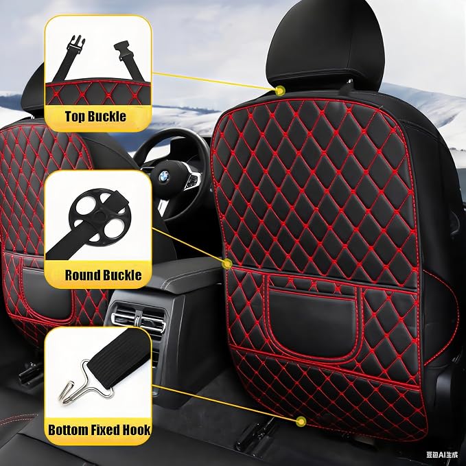 Leatherette Car Seat Protector - 2 Pack Large Car Kick Mats with Storage Organizer Seat Back Cover Against Dirty Shoes & Scratches, Universal Fit for Most Vehicles (Black with Red Line) - Image 2