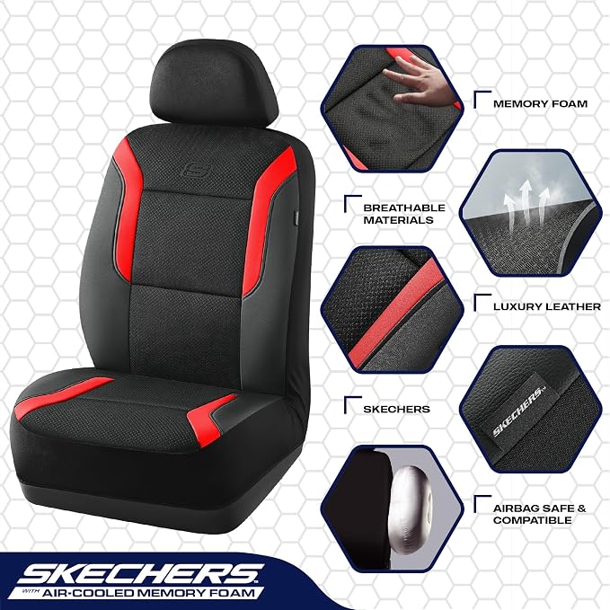 Skechers Memory Foam Car Seat Covers, Air Cool Mesh Thick Seat Covers, Car Seat Covers Front Seats Airbag Compatible, Automotive Comfort & Protection for Most Cars,Vans,Trucks, SUVs,Red - Image 3