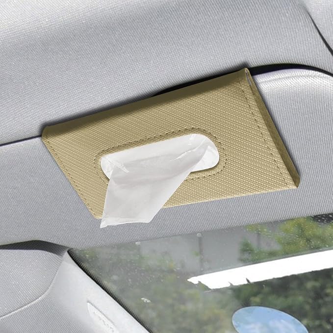 Car Visor Tissue Holder, Tissue Box Holder for Car, Leather Auto Sun Visor Napkin Case Mask Dispenser, Automotive Accessories Rectangular Hanging Auto Napkin Box Fit for Most Vehicles (Beige) by Unknown