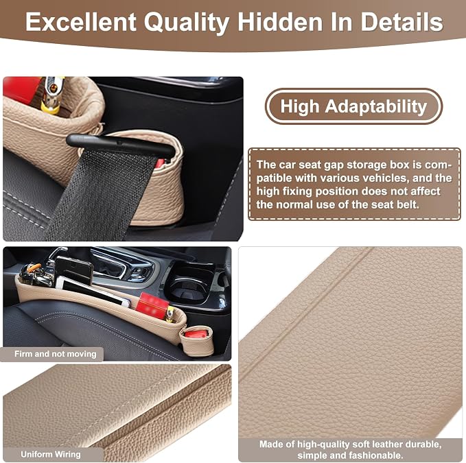 2 Pack Update Car Seat Gap Filler Organizer Leather Console Storage Box Front Side Pocket Seats Organizers Filler Interior Car Accessories for Phone Wallet Coin Key Sunglasses (Off-White) - Image 6