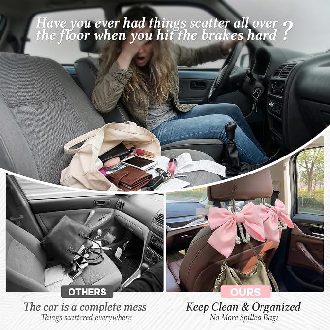 2PCS Satin Bow Pearl Car Seat Headrest Hooks – Car Bag Holder & Vehicle Hanger for Purses – Cute Coquette Aesthetic Interior Decoration – Cute Auto Organizer Accessories Universal (Pink) - Image 5