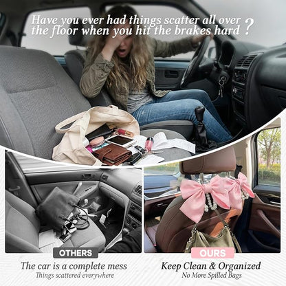 2PCS Satin Bow Pearl Car Seat Headrest Hooks – Car Bag Holder & Vehicle Hanger for Purses – Cute Coquette Aesthetic Interior Decoration – Cute Auto Organizer Accessories Universal (Pink) - Image 5