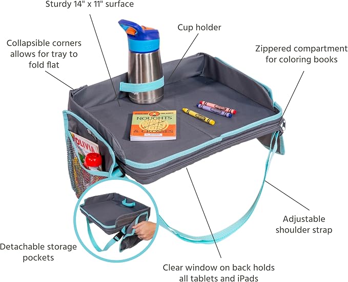 J.L. Childress 3-IN-1 Kids Car Travel Tray & Tablet Holder, Grey Teal - Image 2