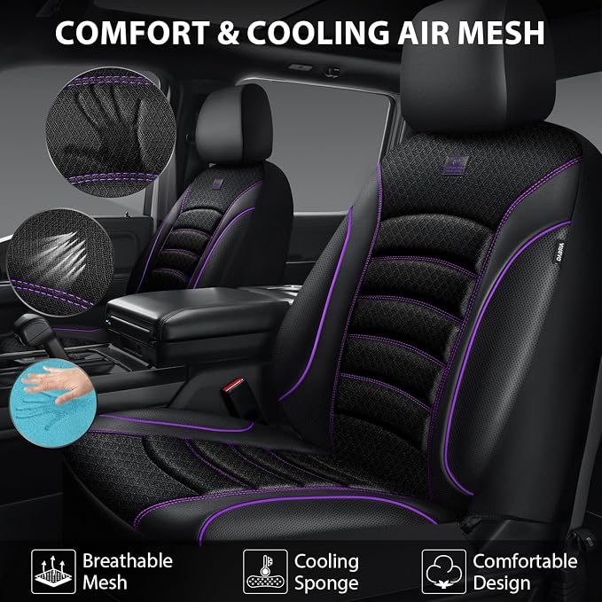 CAR PASS Comfortable 3D Foam Mesh Leather Car Seat Covers Front, Air Cool Mesh Breathable Front Seat Covers for Car, Universal for SUV Truck Sedan Automotive, Airbag Compatible,Black Purple - Image 4