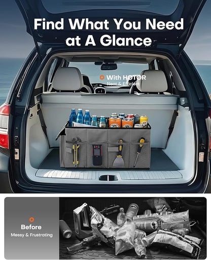 HOTOR Trunk Organizer - Foldable Car Organizer for SUVs & Sedans Storage | Sturdy Car Organization for Men & Women, Car Accessories, Tools, Sundries, Grey, 2 Compartments, 21.3" x 12.6" x 10.6" - Image 6