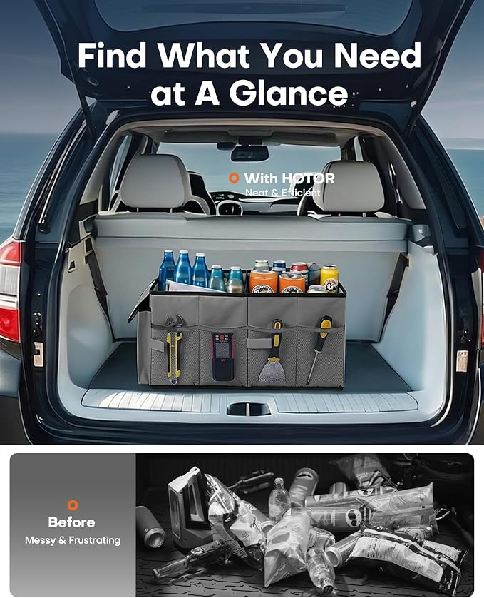 HOTOR Trunk Organizer - Foldable Car Organizer for SUVs & Sedans Storage | Sturdy Car Organization for Men & Women, Car Accessories, Tools, Sundries, Grey, 2 Compartments, 23.6" x 14.2" x 10.6" - Image 6