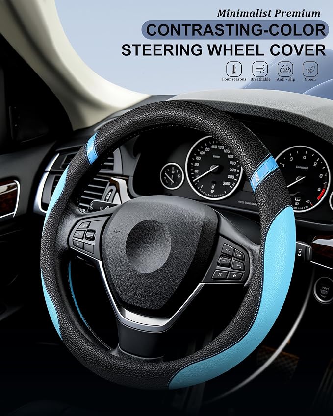 Universal Leather Steering Wheel Cover for Women Steering Wheel Cover for Car 15 inch (Blue) - Image 3