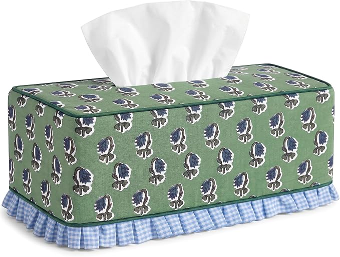 Block Print Fabric Tissue Box Cover, Flower Buds, Sage Green | Rectangular Ruffle Sleeve, Decorative Holder for Bathroom Vanity Car, Napkin Dispenser Grand Millennial Boho Decor Home by Acellegic