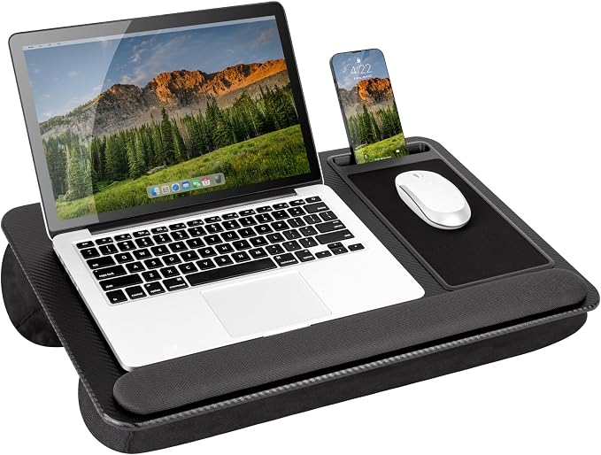 LAPGEAR Home Office Pro Lap Desk - Black Carbon, Fits 15.6” Laptops | Built-In Mouse Pad & Phone Slot, Wide Cushioned Wrist Rest, Dual-Bolster Microbead Cushion, Carry Handle by LapGear