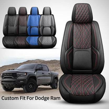 Car Seat Cover Custom Fit for Dodge Ram 1500 2500 3500 2002-2026 Faux Leather Seat Cover Set Compatible with Crew Quad Regular Cab Pickup Truck Cushions (Black Redline, Full Set, Curved Rear) - Image 2