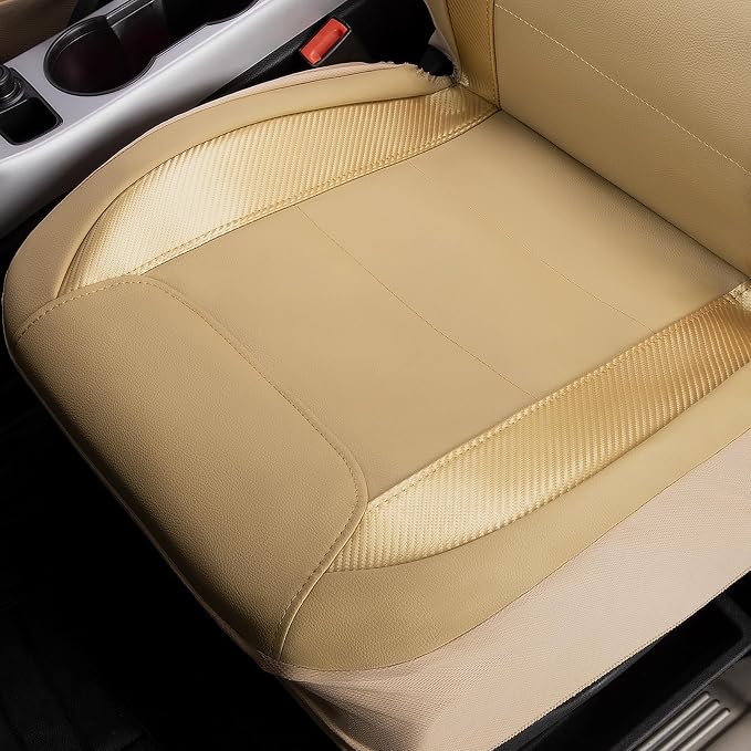 Flying Banner car seat Covers Protects Water Proof Faux Leather Carbon Fiber Fronts Golden Beige (Beige Golden, Front Pair) - Image 5