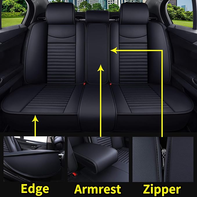 5 Car Seat Covers Full Set Waterproof Leather, Black | Compatible with Nissan Honda Civic CRV Hrv Kia Sorento Toyota Corolla 4Runner Camry Hyundai Jeep Ford Focus Edge Mazda - Image 5