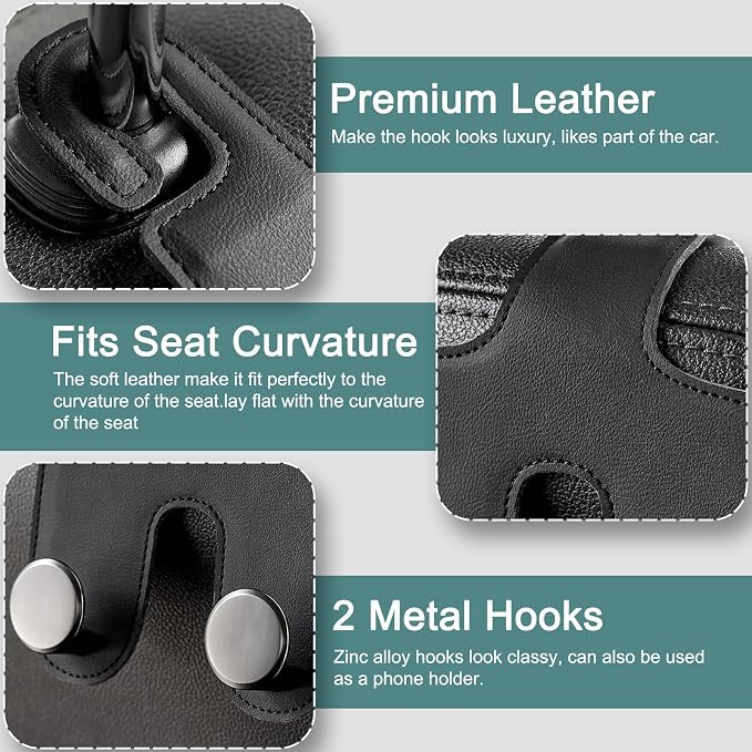JESTOP Car Headrest Hook, Leather & Alloy Car Double Hanger Purse Hooks | Heavy Duty Car Hanger Storage Holder for Purses,Bags Handbag Coat Umbrella, Car Inside Accessories, Fits Most Vehicles - Image 2