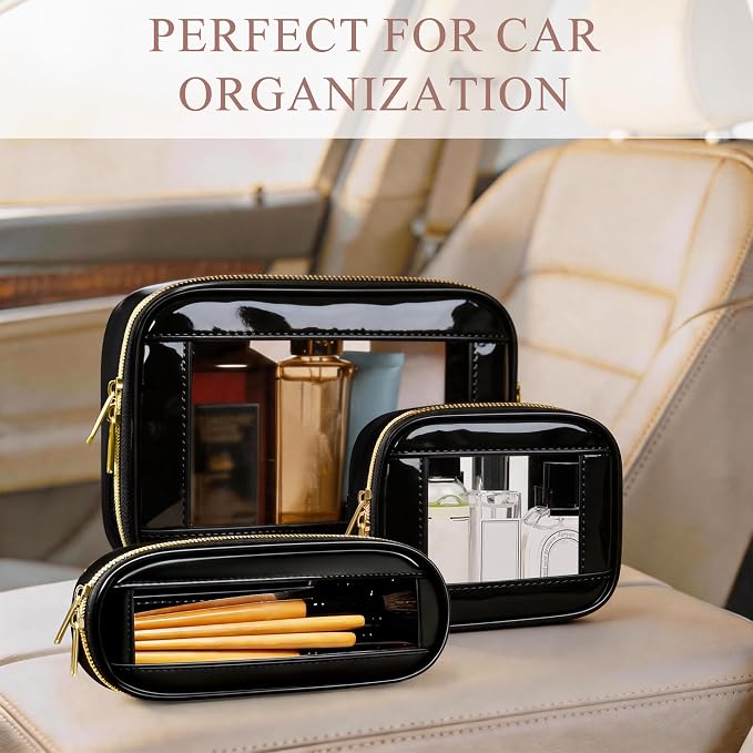3-Piece Travel Clear Makeup Bag Set, Small Cosmetic Bag with Makeup Brush Case, Leather Waterproof TSA Approved Toiletry Bag with Zipper, Car Organization for Women (Black-2, Mini+Slim+Medium) - Image 5